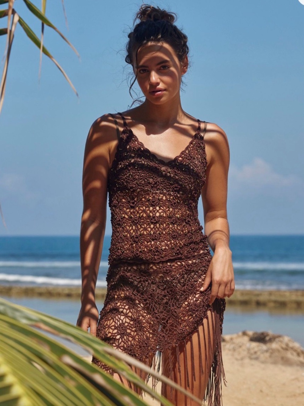 Frankie's Bikinis Brown Crochet Fringe Beach Cover-Up